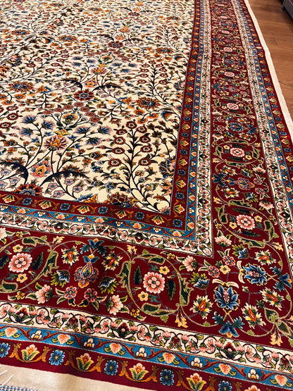 7x10 ft Silk Rug – Ivory & Burgundy Floral Woven Area Rug – Elegant Traditional Design