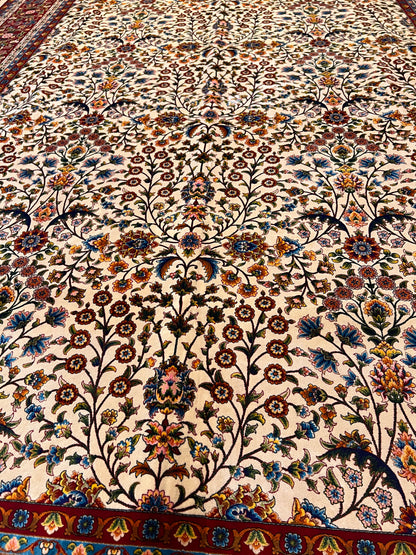 7x10 ft Silk Rug – Ivory & Burgundy Floral Woven Area Rug – Elegant Traditional Design