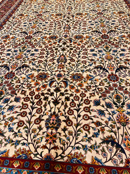 7x10 ft Silk Rug – Ivory & Burgundy Floral Woven Area Rug – Elegant Traditional Design