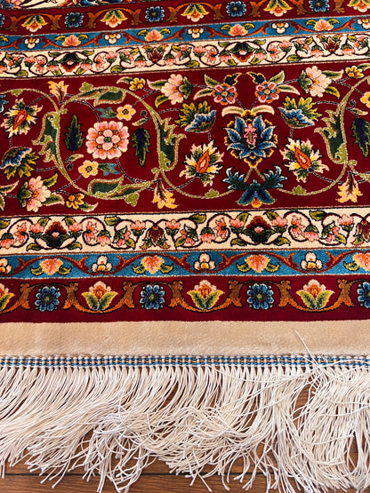 7x10 ft Silk Rug – Ivory & Burgundy Floral Woven Area Rug – Elegant Traditional Design