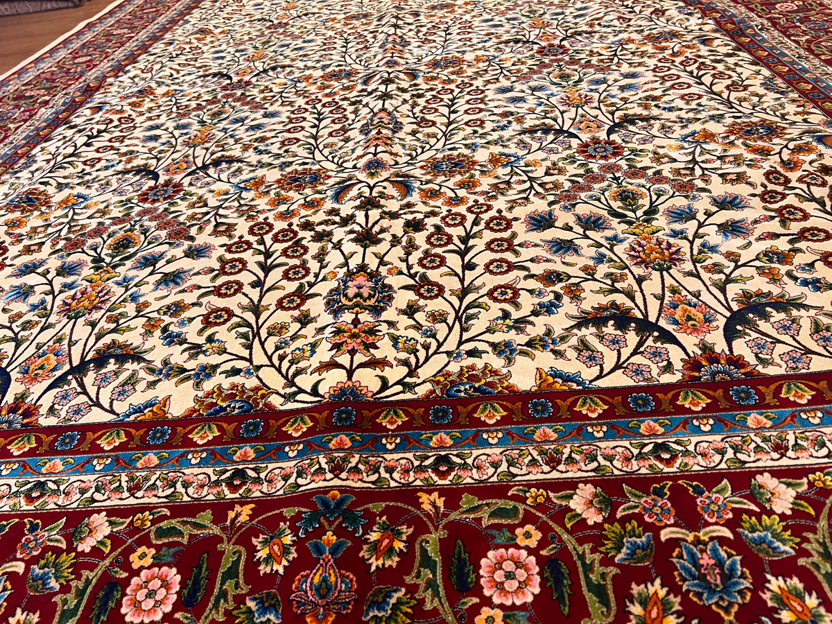 7x10 ft Silk Rug – Ivory & Burgundy Floral Woven Area Rug – Elegant Traditional Design