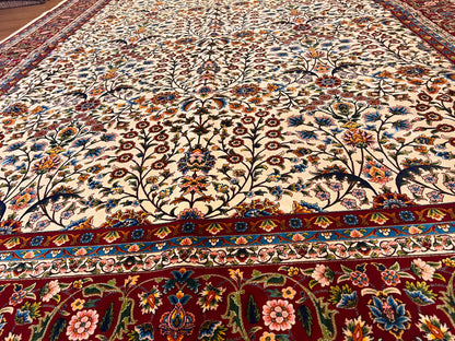 7x10 ft Silk Rug – Ivory & Burgundy Floral Woven Area Rug – Elegant Traditional Design