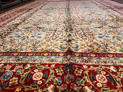 7x10 ft Silk Rug – Ivory & Burgundy Floral Woven Area Rug – Elegant Traditional Design