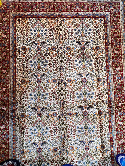 7x10 ft Silk Rug – Ivory & Burgundy Floral Woven Area Rug – Elegant Traditional Design