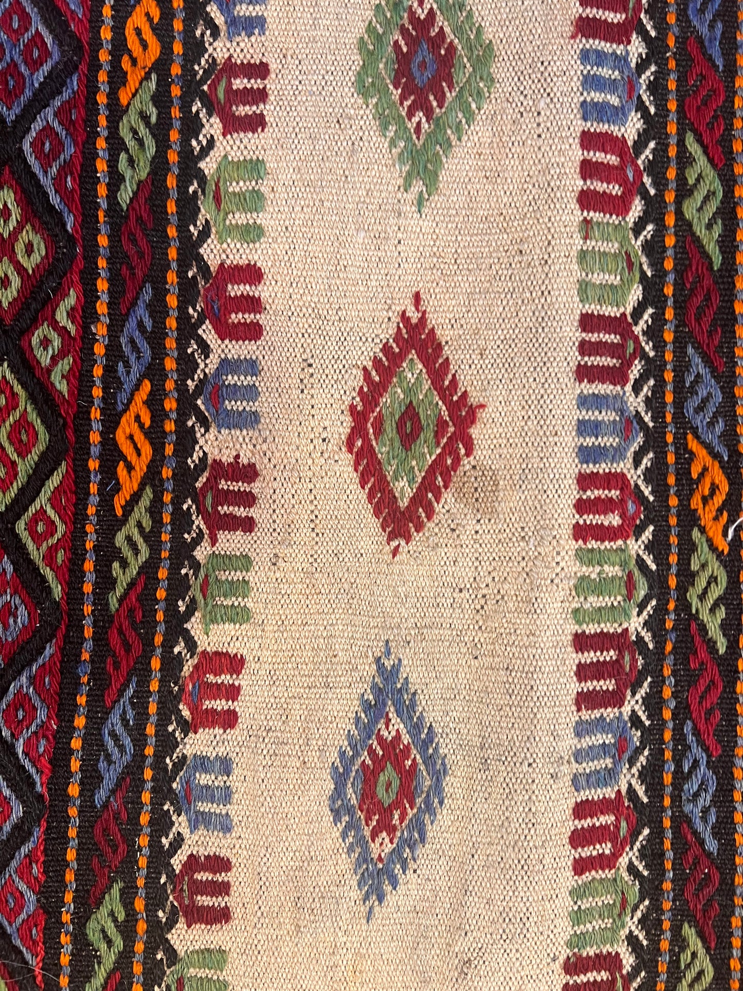 Vintage Turkish Embroidered Kilim Rug – 4’2” × 2’6” – Wool & Goat Hair – Traditional Anatolian Textile