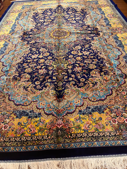 Navy Floral Silk Woven Area Rug – 6’ x 10’