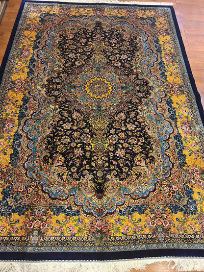 Navy Floral Silk Woven Area Rug – 6’ x 10’