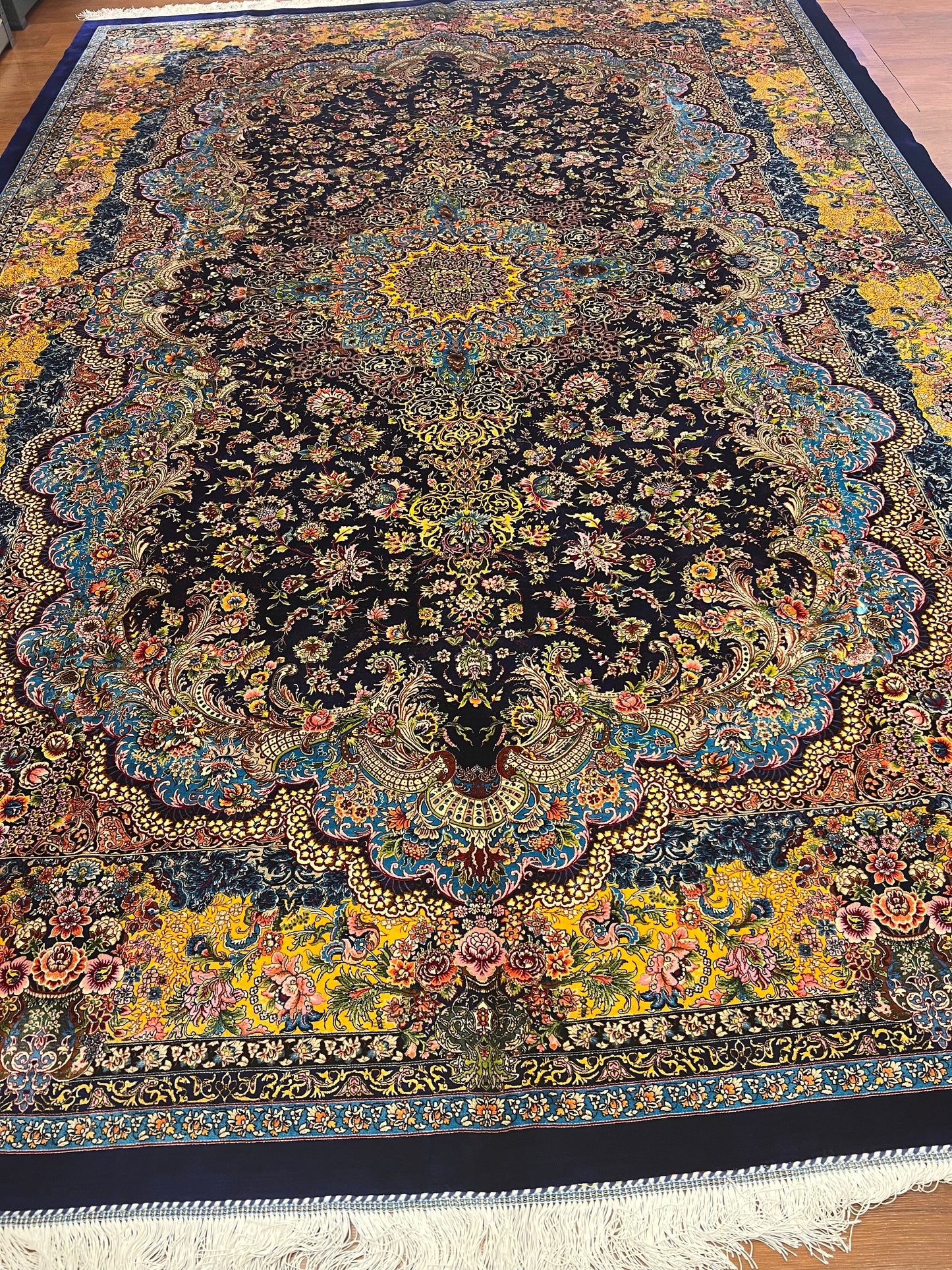 Navy Floral Silk Woven Area Rug – 6’ x 10’