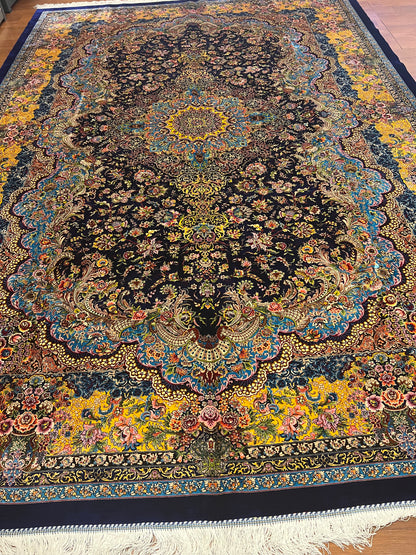 Navy Floral Silk Woven Area Rug – 6’ x 10’