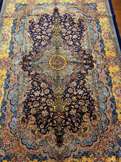 Navy Floral Silk Woven Area Rug – 6’ x 10’