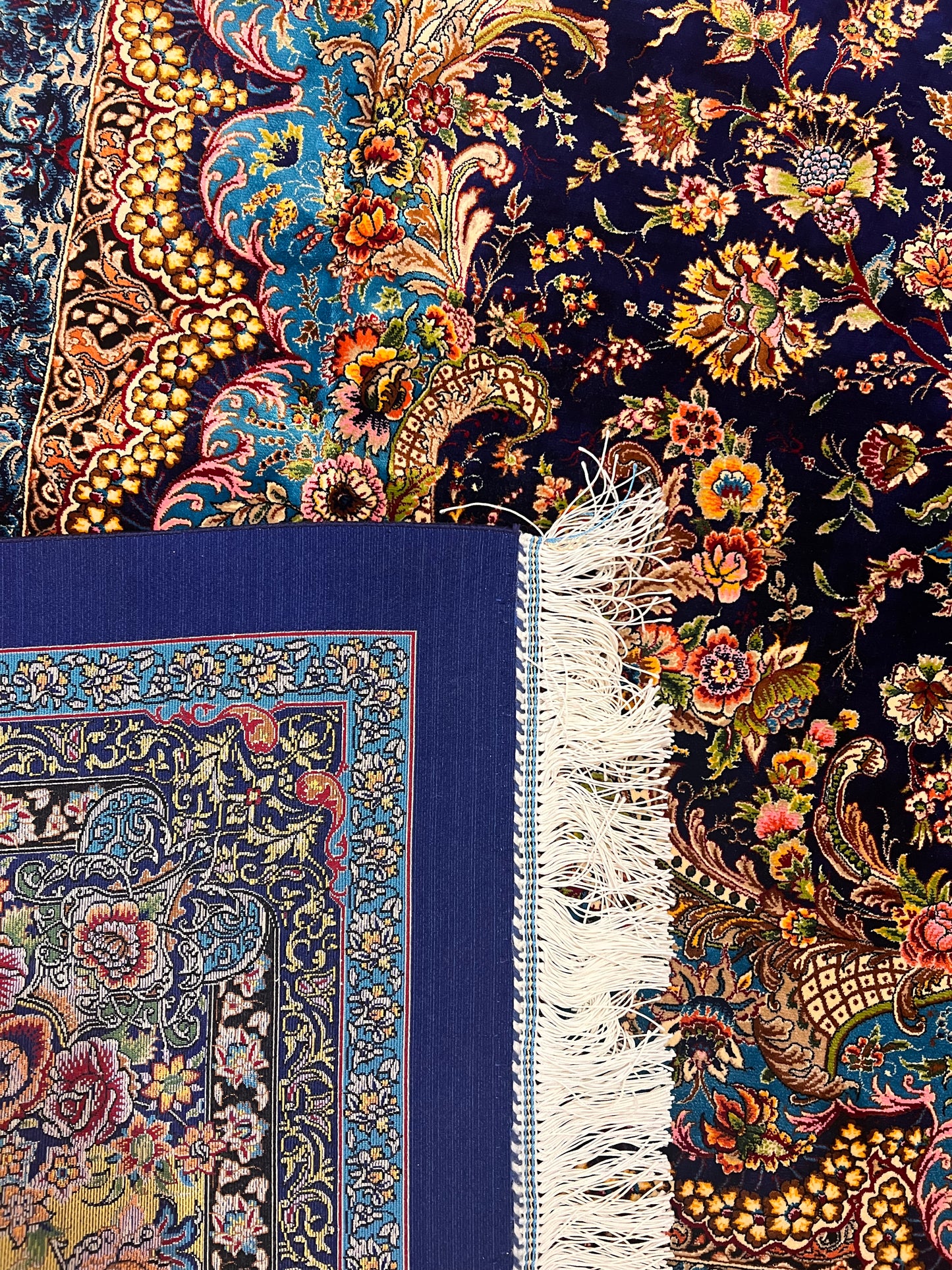 Navy Floral Silk Woven Area Rug – 6’ x 10’