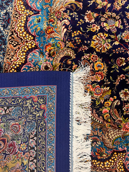 Navy Floral Silk Woven Area Rug – 6’ x 10’