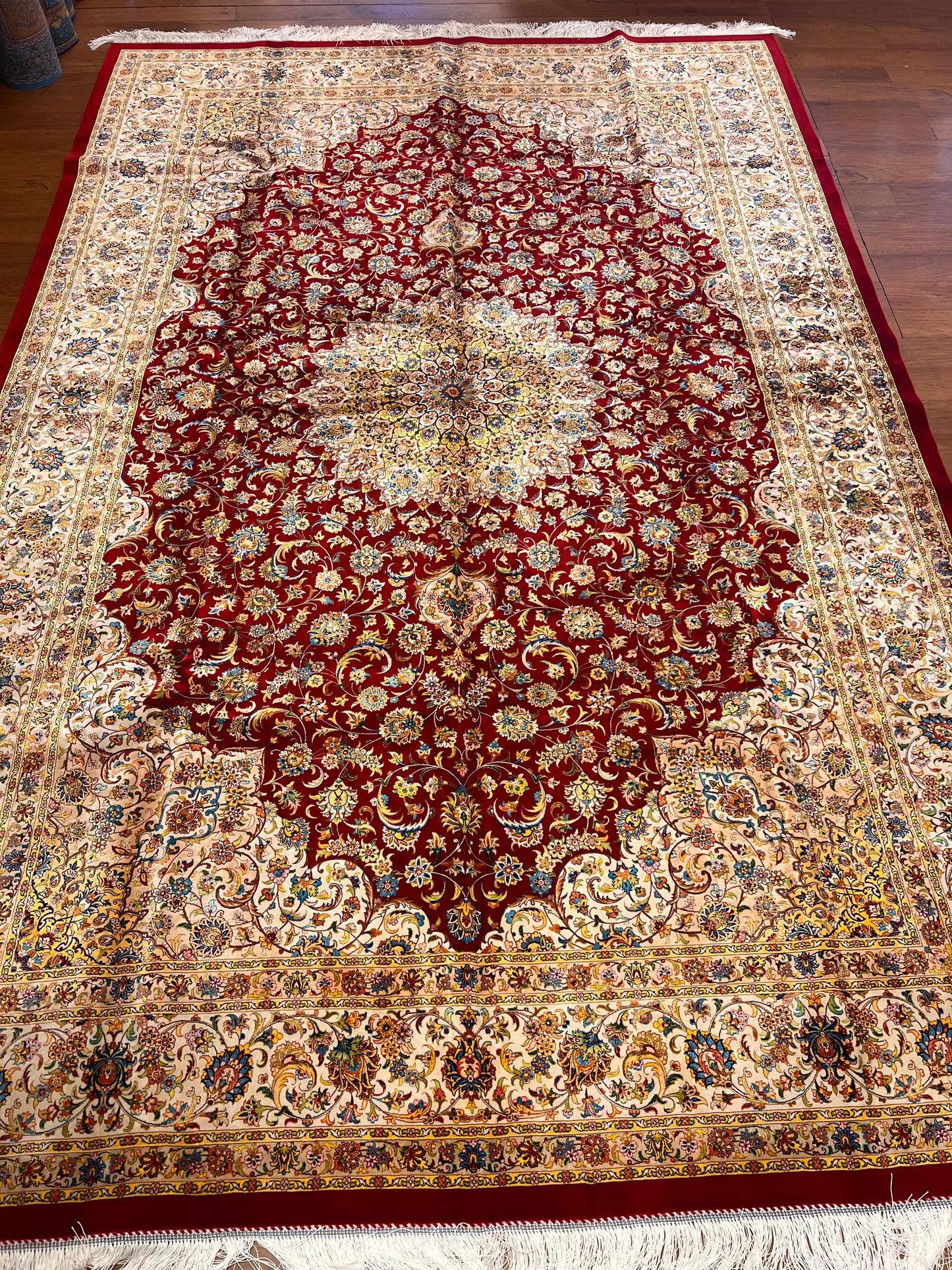 Red Floral Silk Woven Area Rug