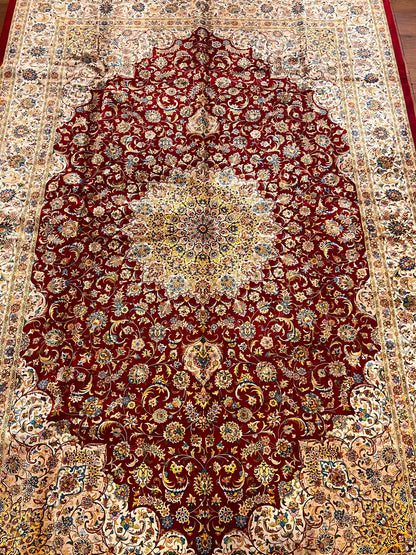 Red Floral Silk Woven Area Rug