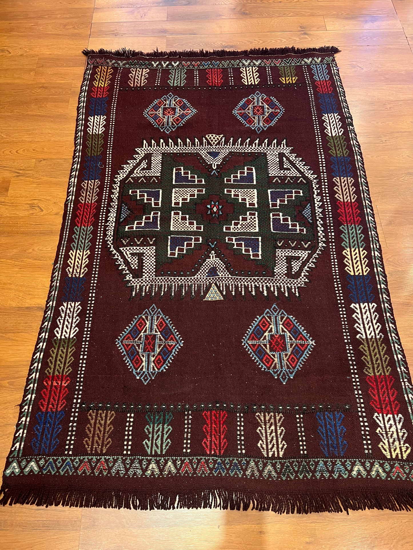 Vintage Turkish Embroidered Kilim Rug – 6’5” × 4’0” – Approx. 70 Years Old – Traditional Anatolian Textile