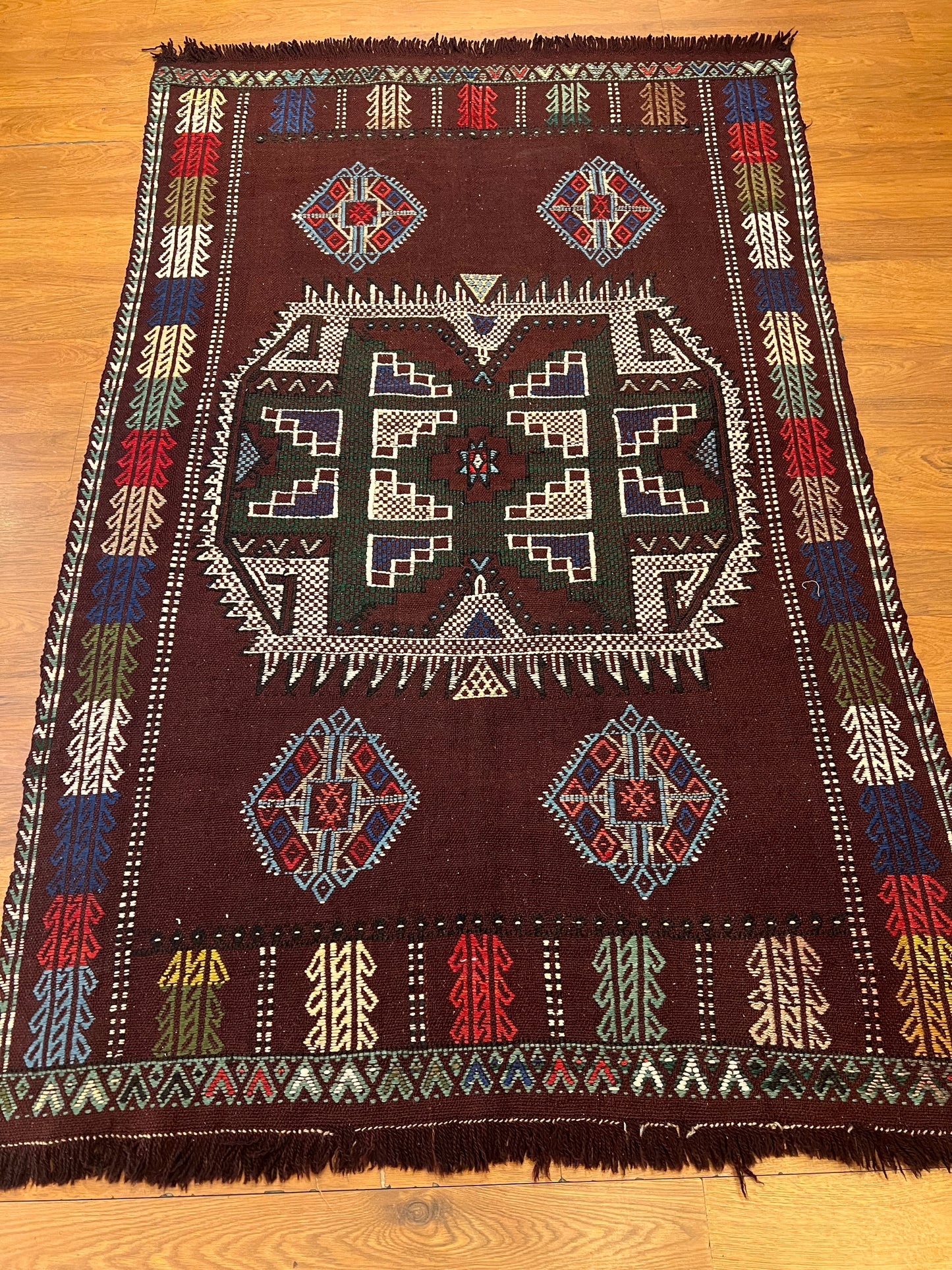 Vintage Turkish Embroidered Kilim Rug – 6’5” × 4’0” – Approx. 70 Years Old – Traditional Anatolian Textile