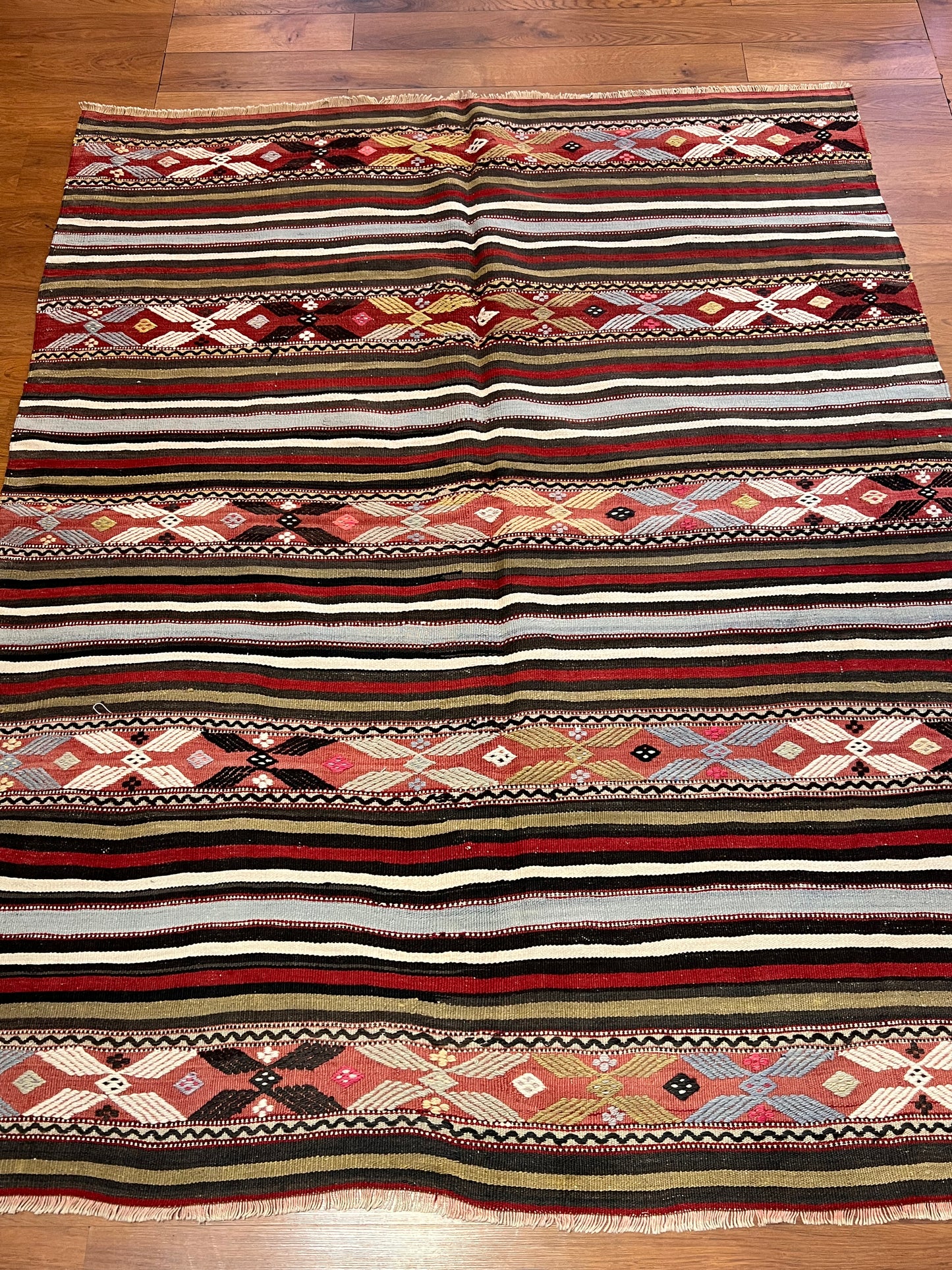 Vintage Embroidered Turkish Kilim Rug 6’8” x 5’3”, Handwoven Wool Flatweave, Approx. 70 Years Old, Anatolian Tribal Rug