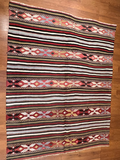 Vintage Embroidered Turkish Kilim Rug 6’8” x 5’3”, Handwoven Wool Flatweave, Approx. 70 Years Old, Anatolian Tribal Rug