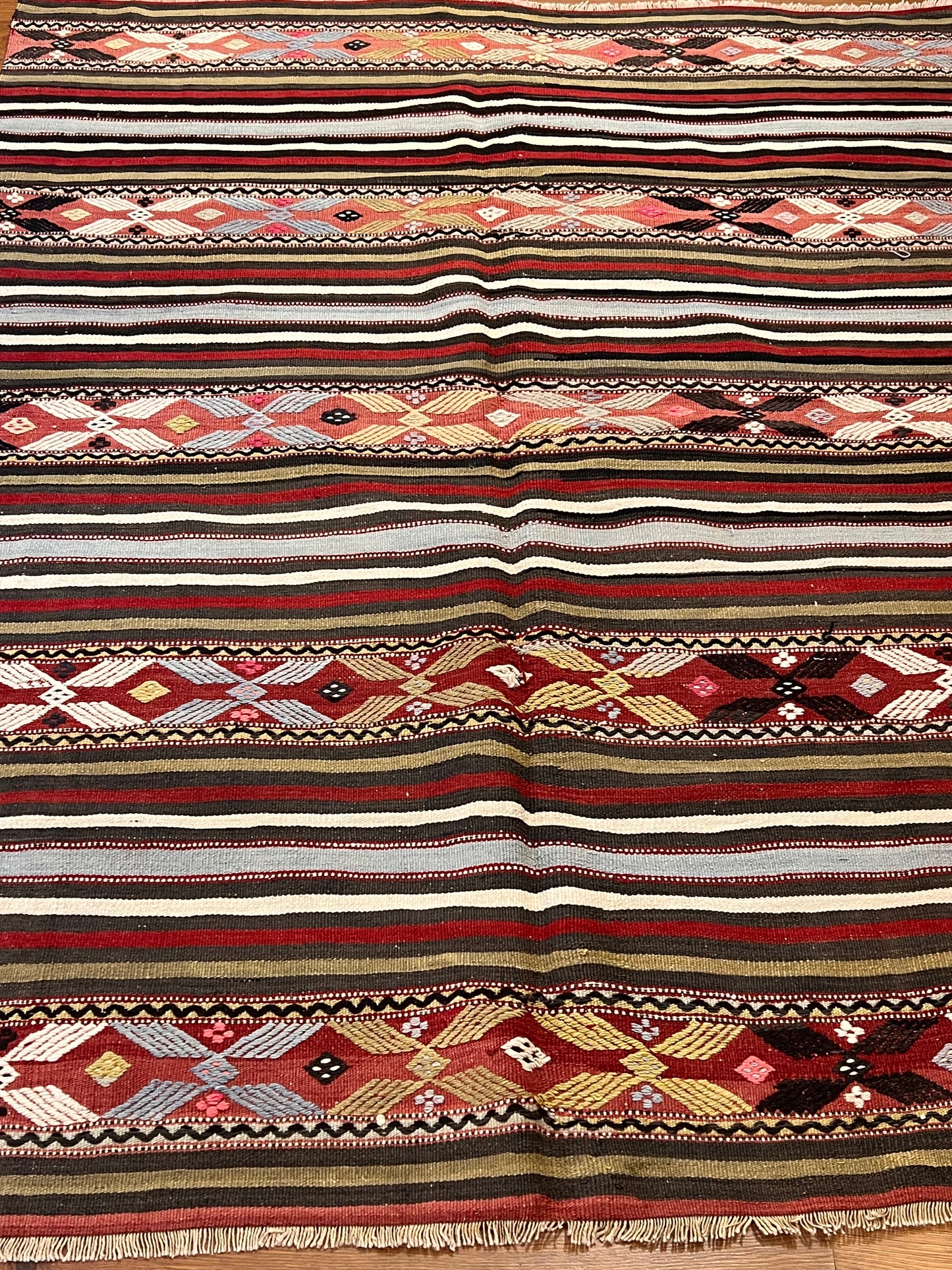 Vintage Embroidered Turkish Kilim Rug 6’8” x 5’3”, Handwoven Wool Flatweave, Approx. 70 Years Old, Anatolian Tribal Rug