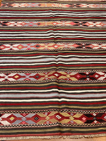 Vintage Embroidered Turkish Kilim Rug 6’8” x 5’3”, Handwoven Wool Flatweave, Approx. 70 Years Old, Anatolian Tribal Rug