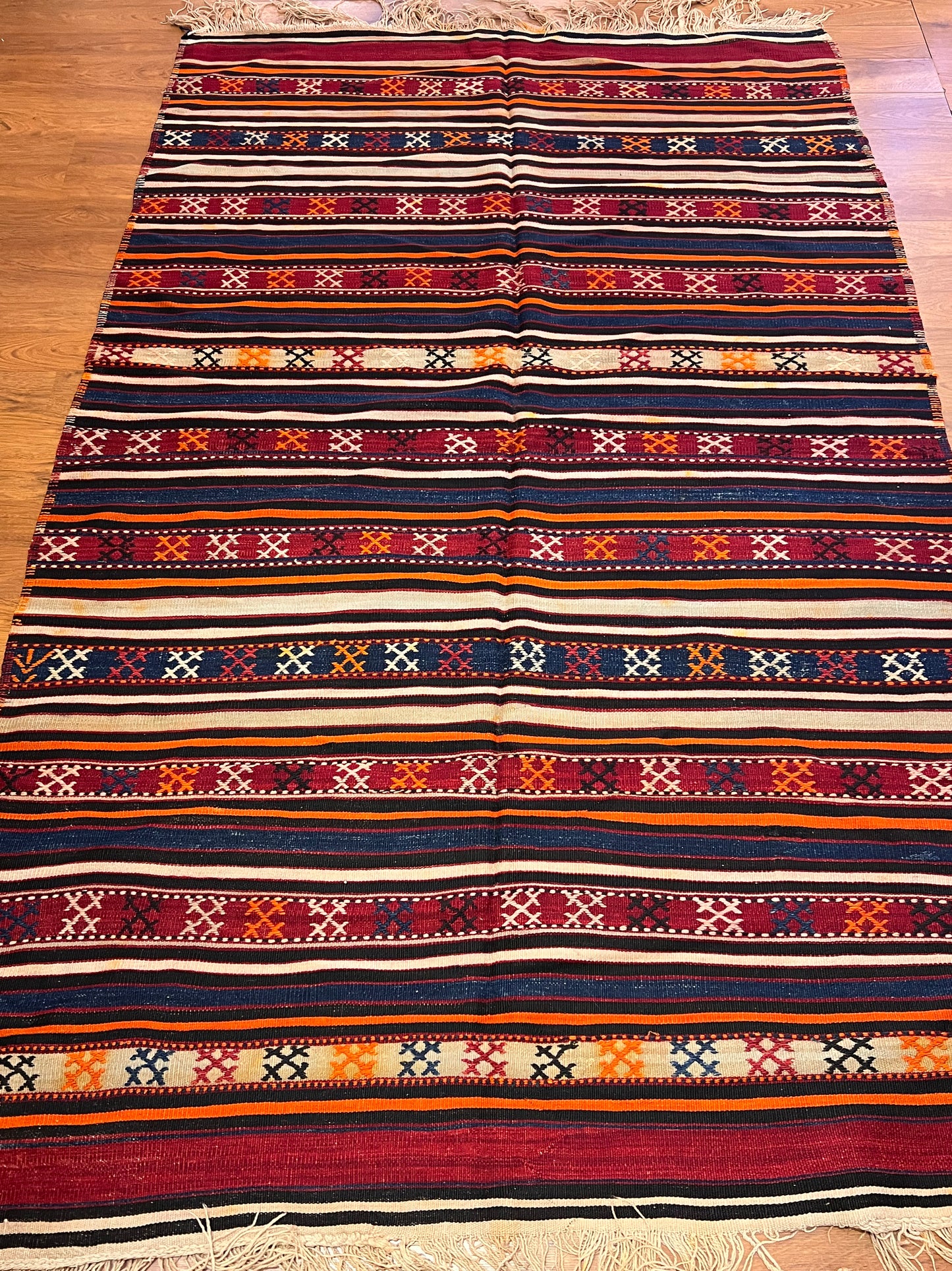 Vintage Turkish Tribal Kilim Rug 8’ x 5’, Handwoven Wool Flatweave, Approx. 70 Years Old, Anatolian Boho Southwestern Area Rug