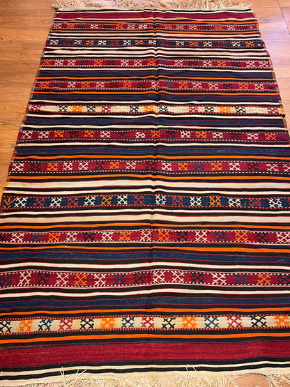 Vintage Turkish Tribal Kilim Rug 8’ x 5’, Handwoven Wool Flatweave, Approx. 70 Years Old, Anatolian Boho Southwestern Area Rug