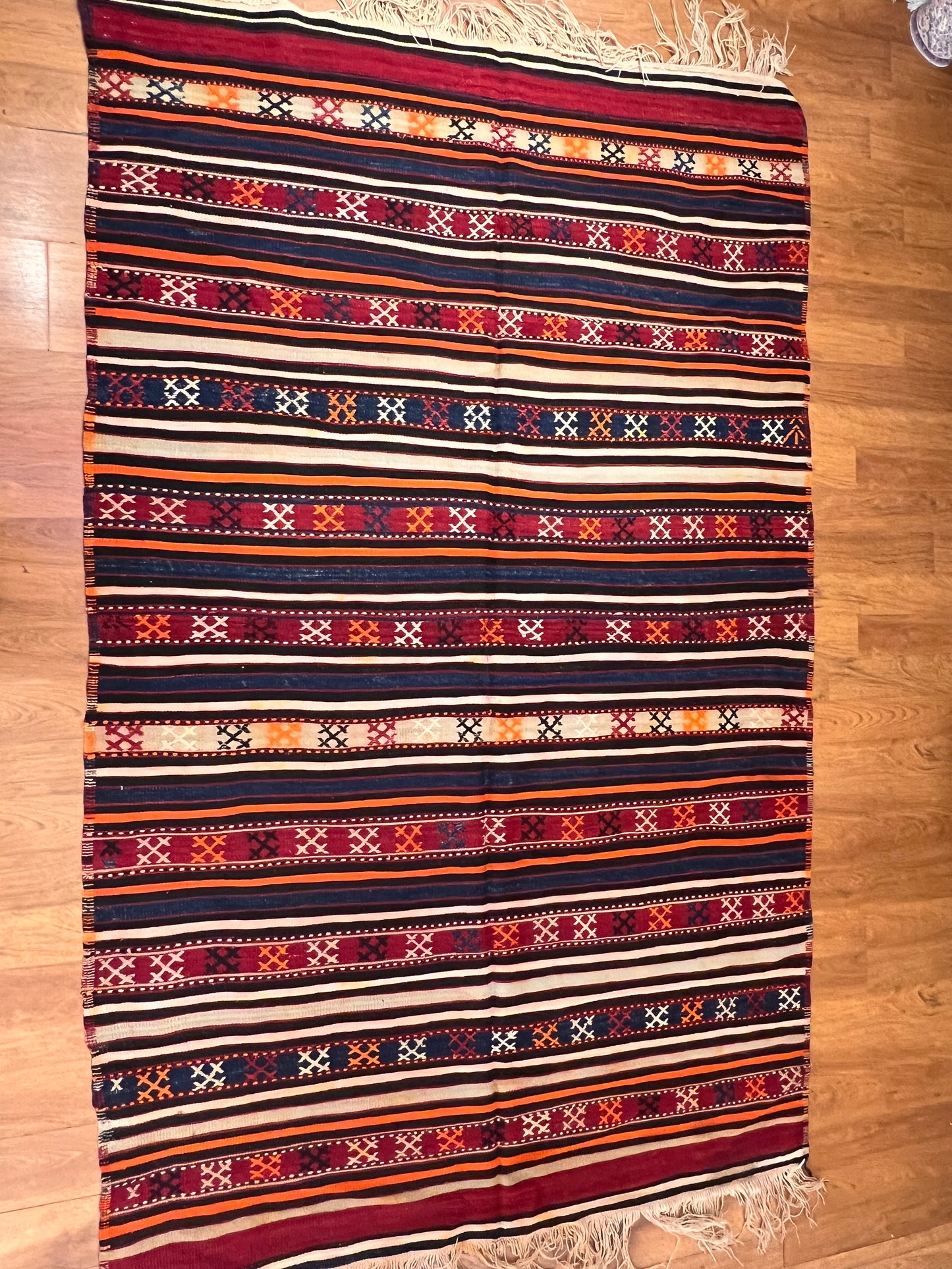 Vintage Turkish Tribal Kilim Rug 8’ x 5’, Handwoven Wool Flatweave, Approx. 70 Years Old, Anatolian Boho Southwestern Area Rug