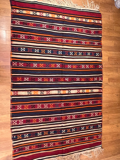 Vintage Turkish Tribal Kilim Rug 8’ x 5’, Handwoven Wool Flatweave, Approx. 70 Years Old, Anatolian Boho Southwestern Area Rug
