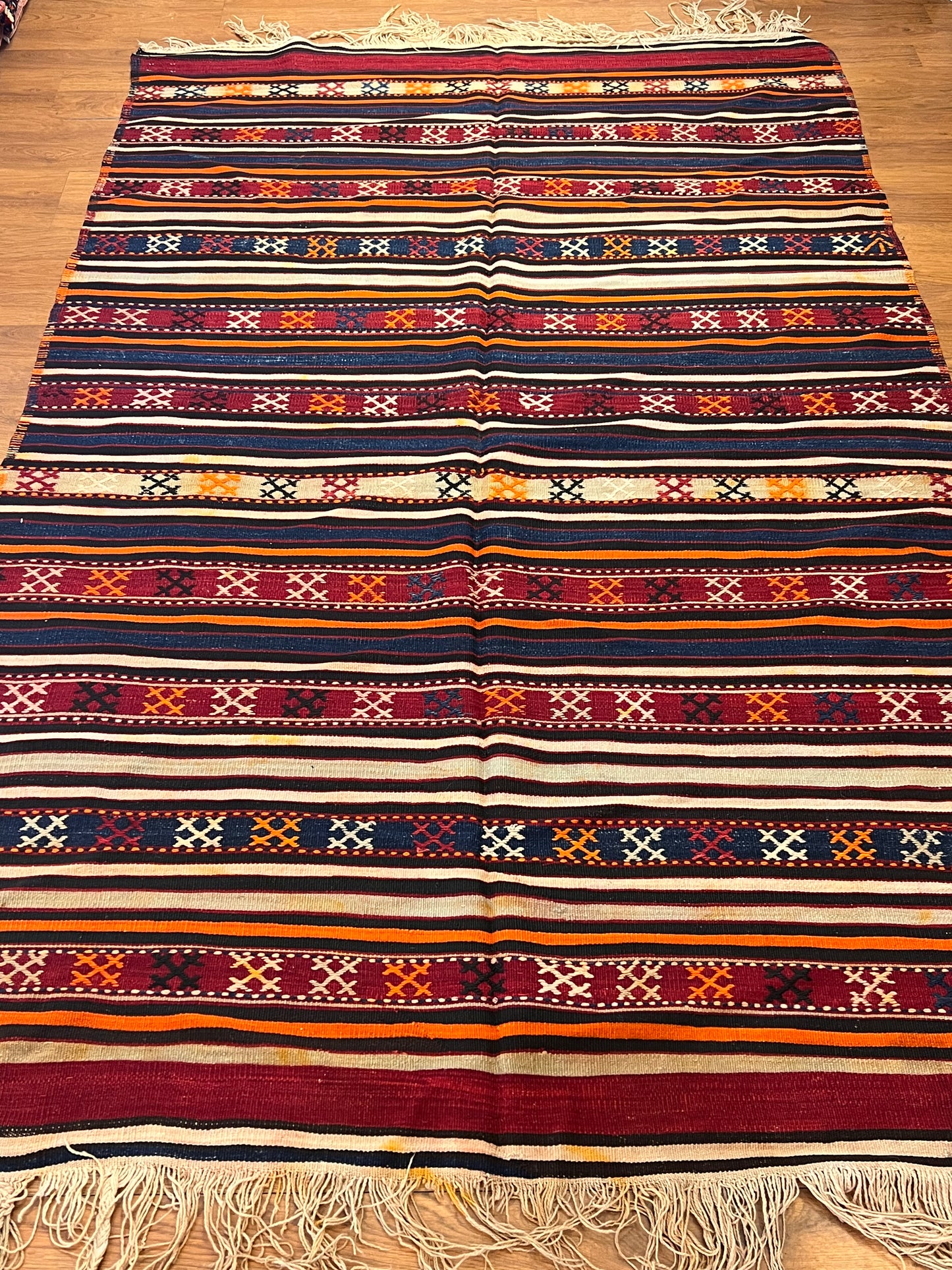 Vintage Turkish Tribal Kilim Rug 8’ x 5’, Handwoven Wool Flatweave, Approx. 70 Years Old, Anatolian Boho Southwestern Area Rug
