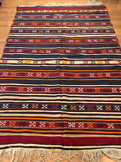 Vintage Turkish Tribal Kilim Rug 8’ x 5’, Handwoven Wool Flatweave, Approx. 70 Years Old, Anatolian Boho Southwestern Area Rug