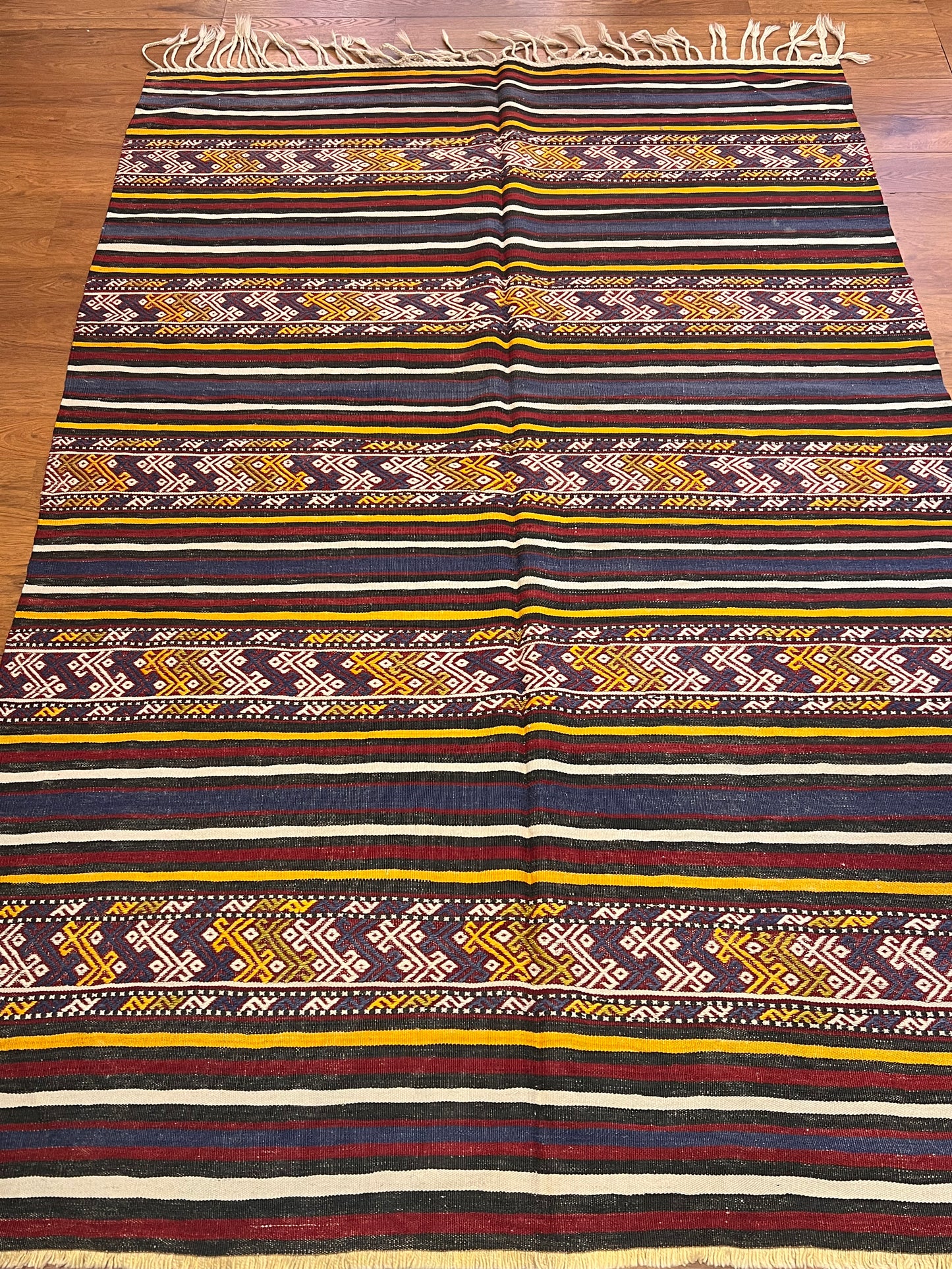 Vintage Turkish Tribal Kilim Rug 7’6” x 5’, Handwoven Wool Flatweave, Approx. 80 Years Old, Anatolian Southwestern Rug