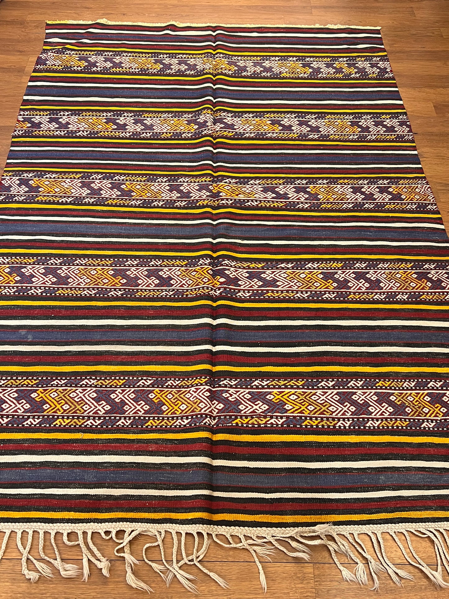 Vintage Turkish Tribal Kilim Rug 7’6” x 5’, Handwoven Wool Flatweave, Approx. 80 Years Old, Anatolian Southwestern Rug
