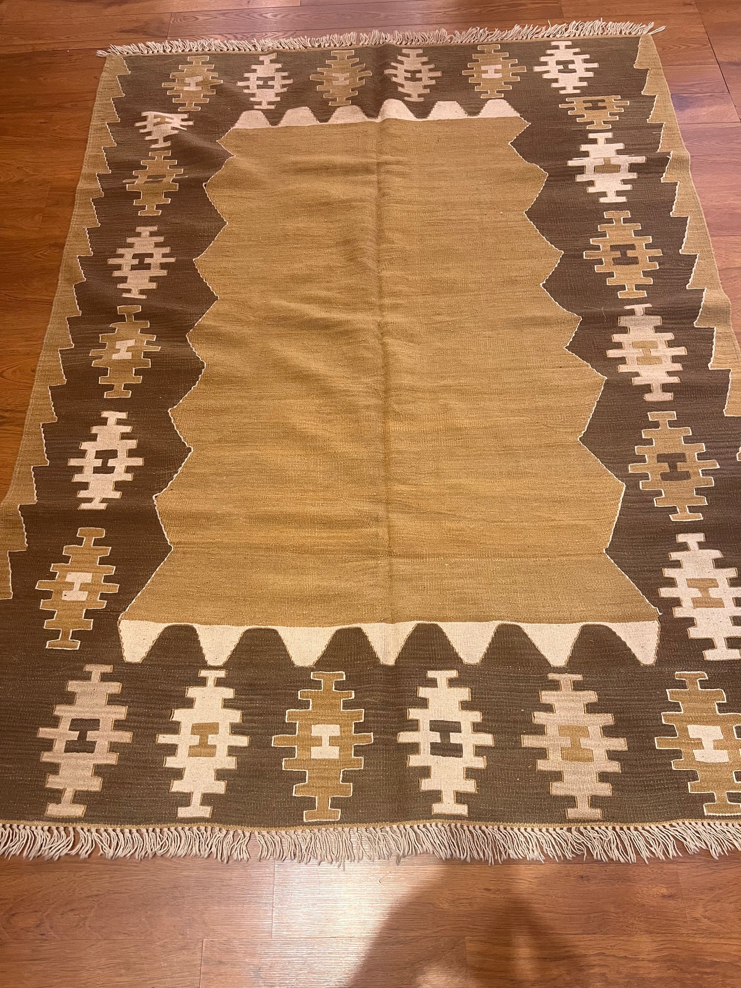 Turkish Kilim Rug 7’ x 5’2” – Handwoven Wool Flatweave, Neutral Tribal Design, Southwestern Boho Area Rug