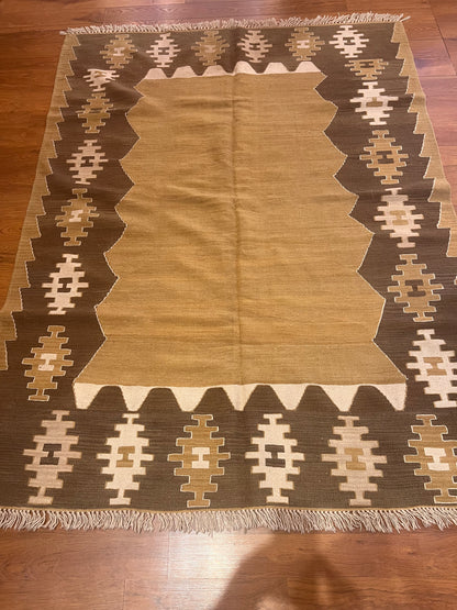Turkish Kilim Rug 7’ x 5’2” – Handwoven Wool Flatweave, Neutral Tribal Design, Southwestern Boho Area Rug