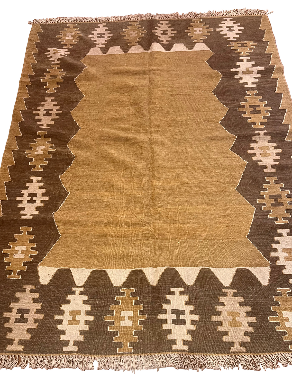 Turkish Kilim Rug 5x7– Handwoven Wool Flatweave, Neutral Tribal Design, Southwestern Boho Area Rug