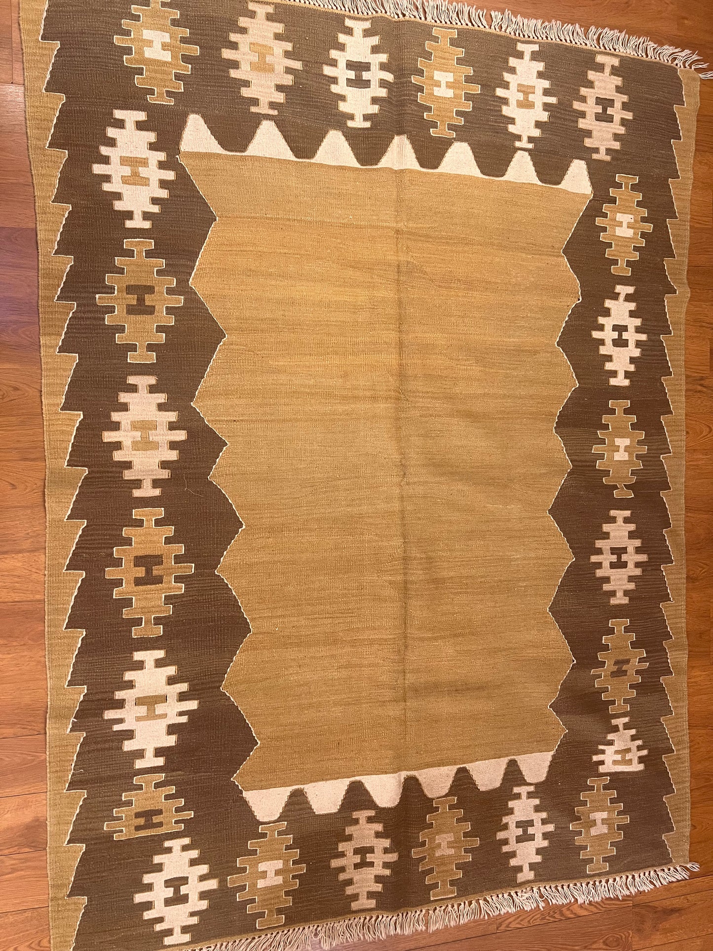 Turkish Kilim Rug 7’ x 5’2” – Handwoven Wool Flatweave, Neutral Tribal Design, Southwestern Boho Area Rug