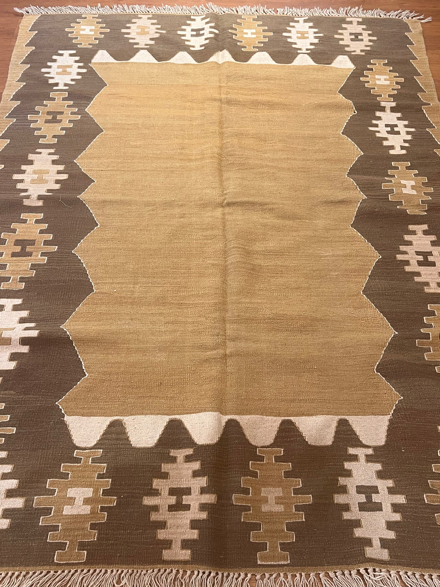 Turkish Kilim Rug 7’ x 5’2” – Handwoven Wool Flatweave, Neutral Tribal Design, Southwestern Boho Area Rug