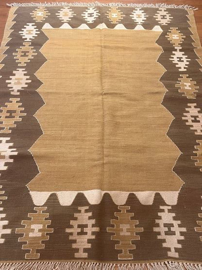 Turkish Kilim Rug 7’ x 5’2” – Handwoven Wool Flatweave, Neutral Tribal Design, Southwestern Boho Area Rug