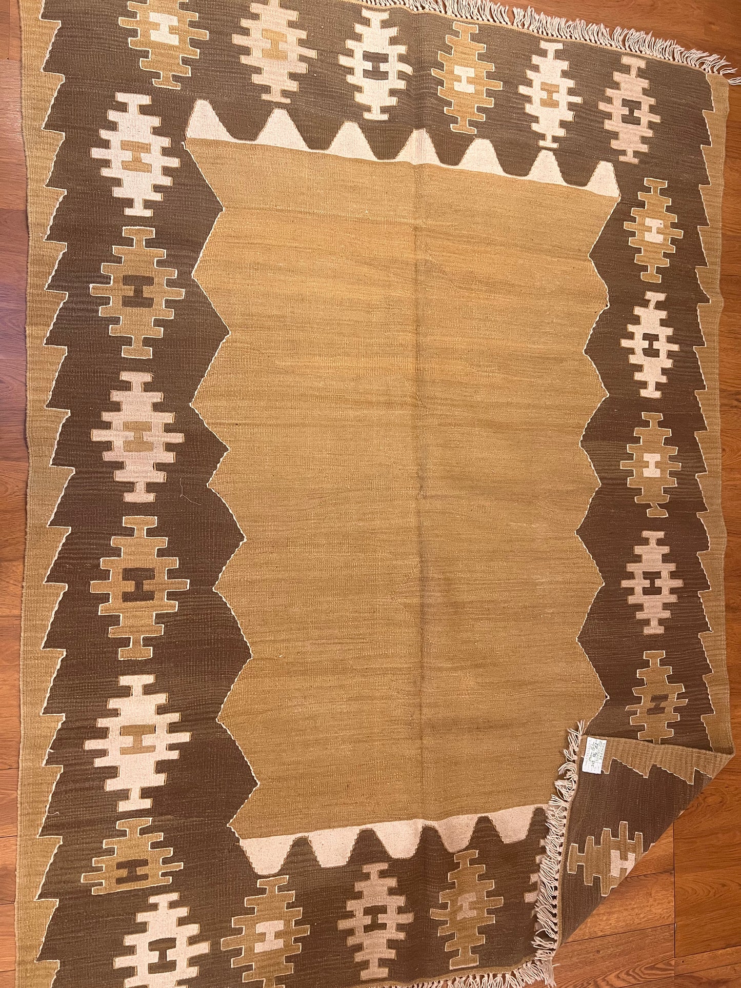 Turkish Kilim Rug 7’ x 5’2” – Handwoven Wool Flatweave, Neutral Tribal Design, Southwestern Boho Area Rug