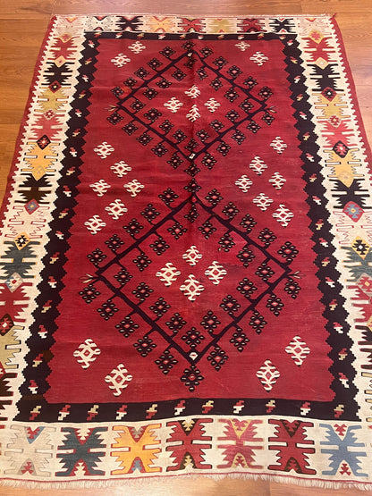 Antique Handwoven Sarkoy Kilim Rug 6’7” x 4’6” – 100-Year-Old Western Turkey Wool Flatweave Tribal Area Rug