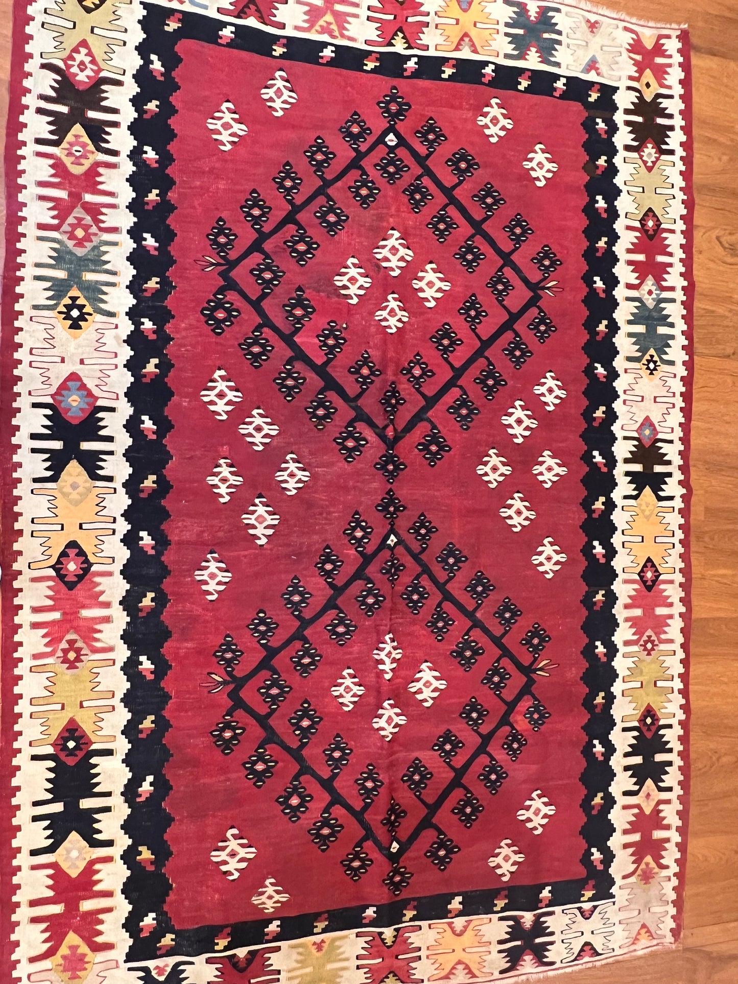 Antique Handwoven Sarkoy Kilim Rug 6’7” x 4’6” – 100-Year-Old Western Turkey Wool Flatweave Tribal Area Rug
