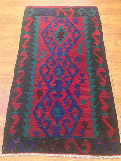 Antique Handwoven Turkish Kilim Rug – 5’6” × 3’ Vintage Wool Tribal Flatweave – Geometric Anatolian Accent Rug – One of a Kind