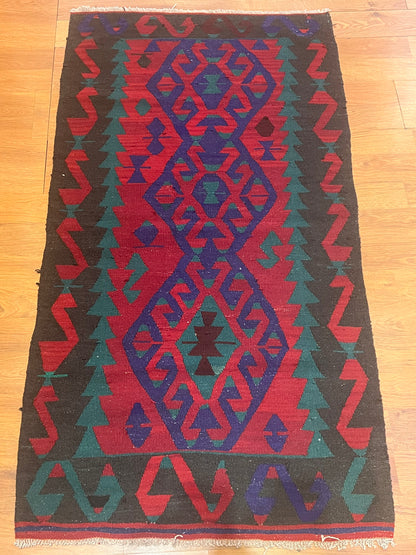 Antique Handwoven Turkish Kilim Rug – 5’6” × 3’ Vintage Wool Tribal Flatweave – Geometric Anatolian Accent Rug – One of a Kind
