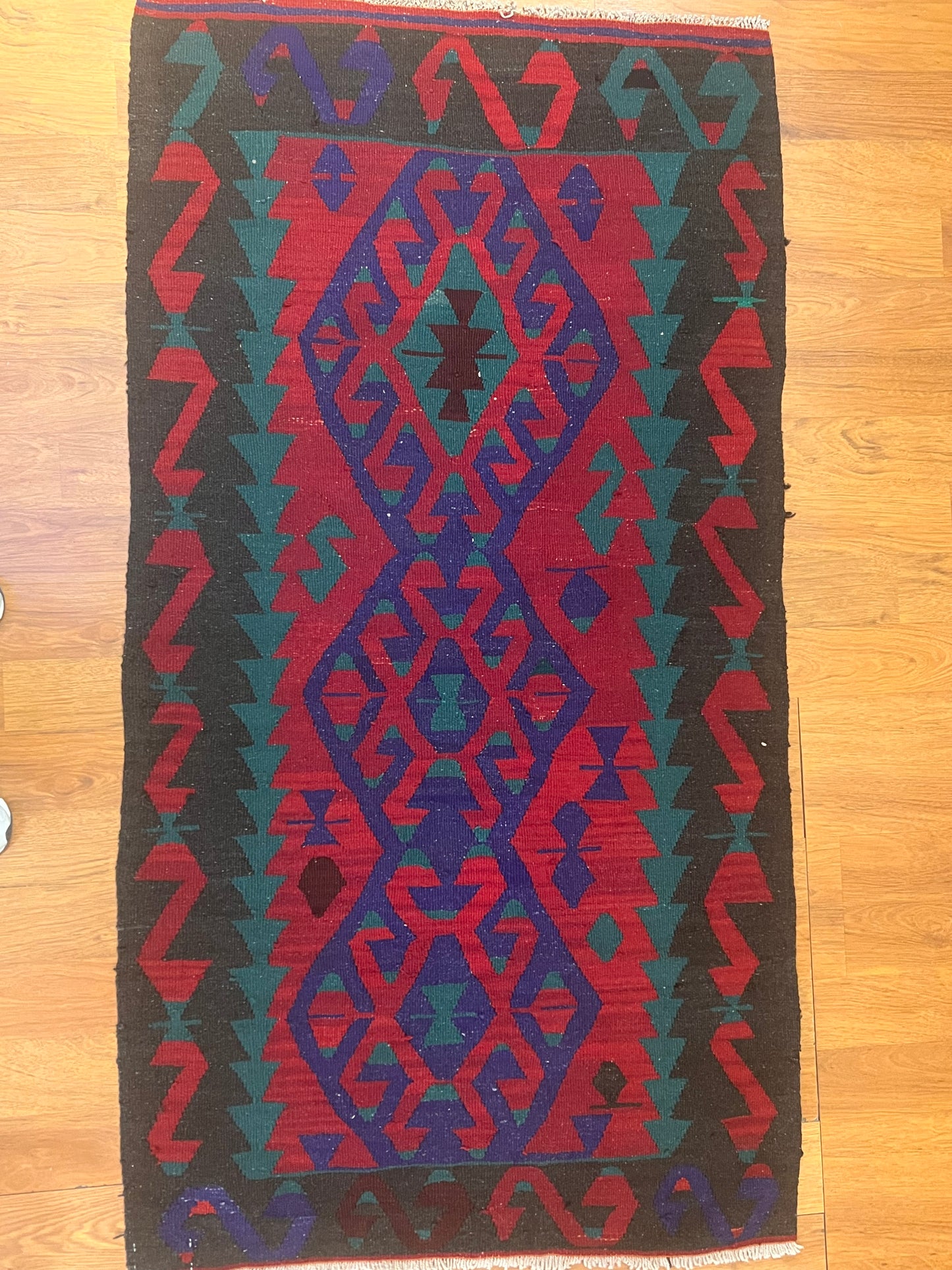Antique Handwoven Turkish Kilim Rug – 5’6” × 3’ Vintage Wool Tribal Flatweave – Geometric Anatolian Accent Rug – One of a Kind