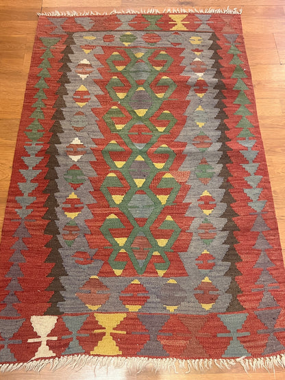 Vintage Turkish Kilim Rug 5’ x 3’3” – Handwoven Wool Flatweave, Geometric Tribal Design, Rustic Southwestern Boho Area Rug
