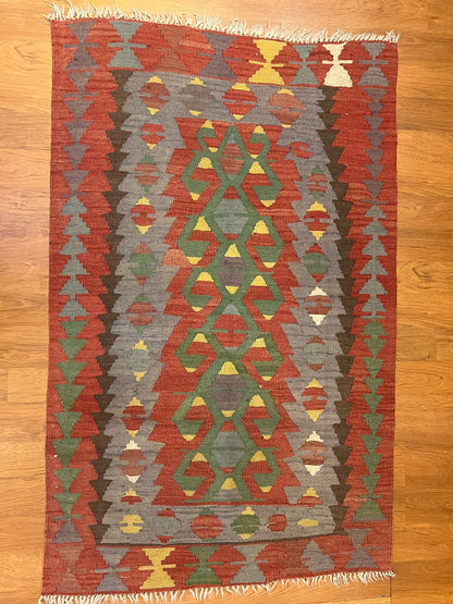 Vintage Turkish Kilim Rug 5’ x 3’3” – Handwoven Wool Flatweave, Geometric Tribal Design, Rustic Southwestern Boho Area Rug
