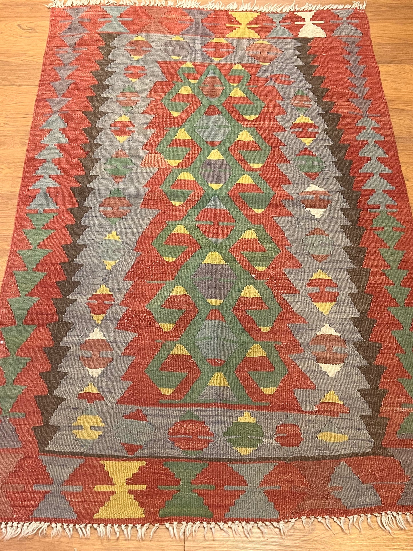 Vintage Turkish Kilim Rug 5’ x 3’3” – Handwoven Wool Flatweave, Geometric Tribal Design, Rustic Southwestern Boho Area Rug