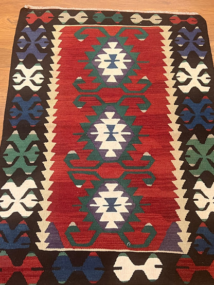 Authentic Anatolian Handwoven Vintage Kilim – Natural Wool Accent Rug for Rustic & Southwestern Homes – 48” x 35”