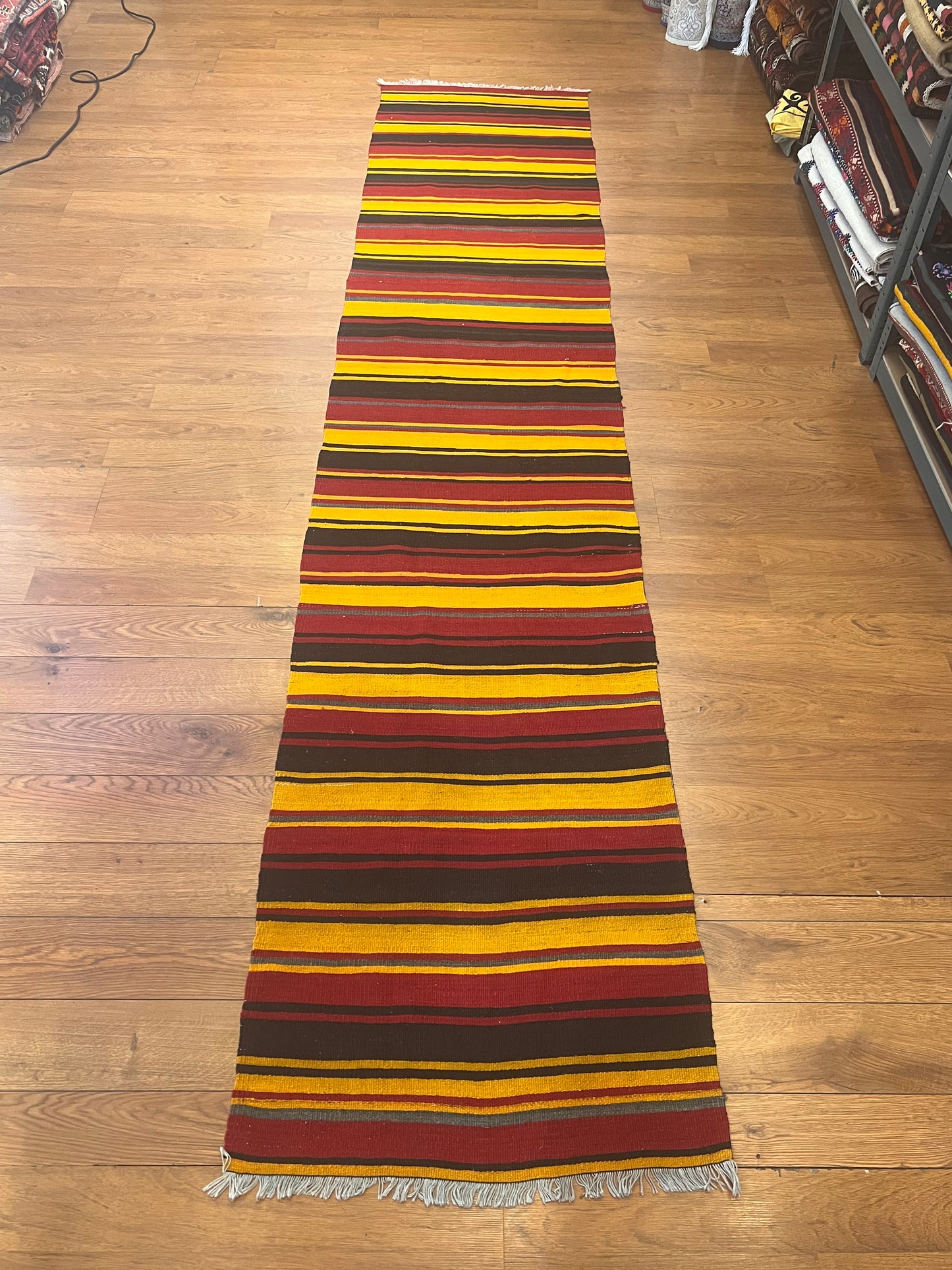 Vintage Turkish Kilim Runner Rug 10’7” x 2’3” – Handwoven Wool Striped Hallway Rug, Rustic Southwestern Boho Flatweave
