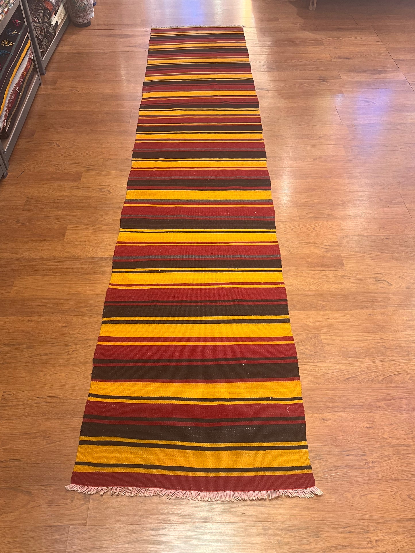Vintage Turkish Kilim Runner Rug 10’7” x 2’3” – Handwoven Wool Striped Hallway Rug, Rustic Southwestern Boho Flatweave